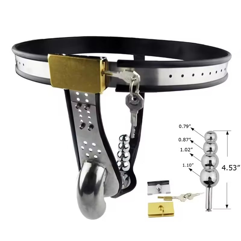 Male Stainless Steel Chastity Belt || Cock Cage & Anal Beads Butt Plug || Penis Sleeve Lock || Bondage Erotic Sex Toy for Gay LGBT Public