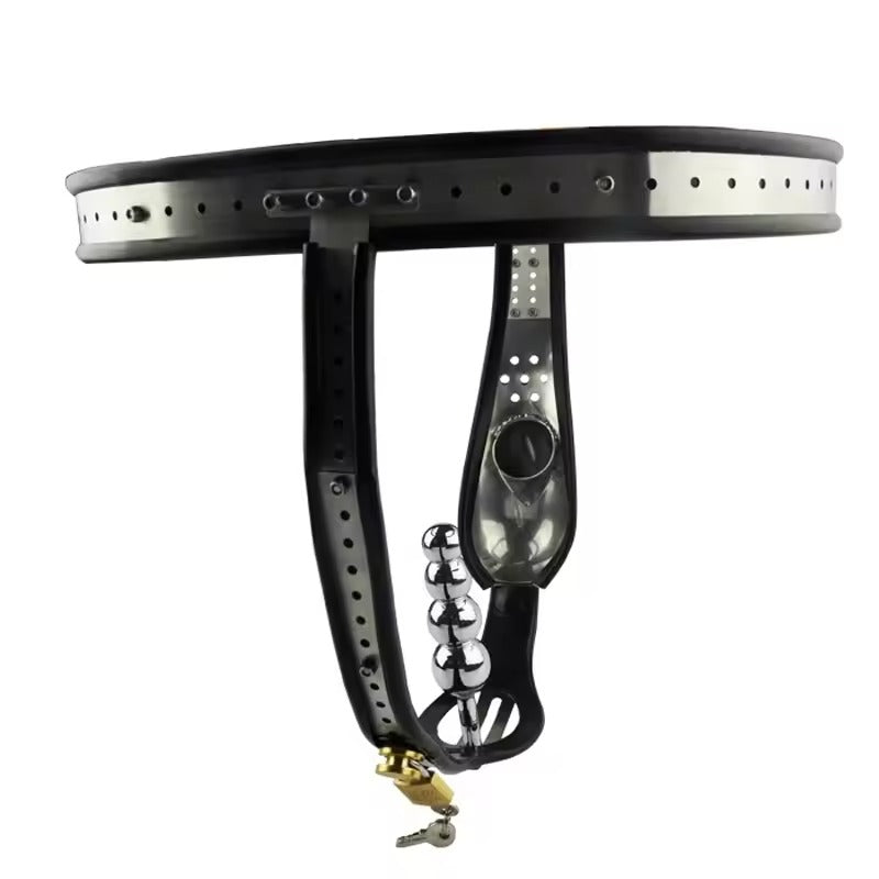 Male Stainless Steel Chastity Belt || Cock Cage & Anal Beads Butt Plug || Penis Sleeve Lock || Bondage Erotic Sex Toy for Gay LGBT Public