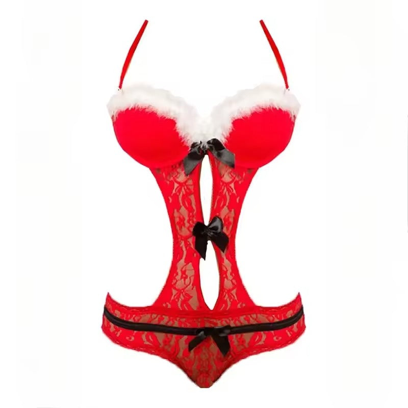 Plus Size Women's Sexy Santa Lingerie || Faux Fur Christmas Babydoll || Night Dress & Lace-up Sleepwear || Erotic Pajamas || Festive Bedroom