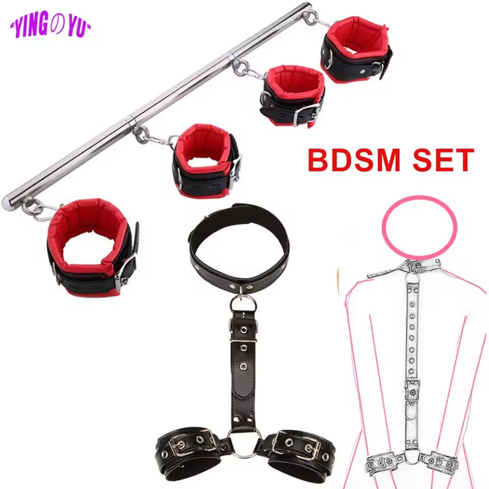 Handcrafted Spreader Bar Bondage Set || Faux Leather Handcuffs & Ankle Cuffs || Couples' BDSM Bed Restraint Game Kinky Honeymoon Bedroom