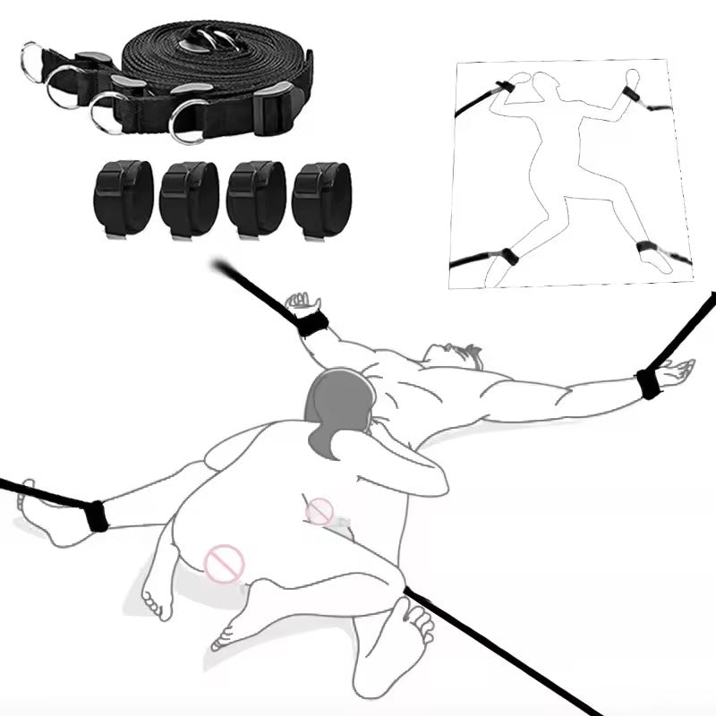 Handcrafted Bed Bondage Restraint Set || Couples' Handcuffs & Ankle Cuffs || Adjustable SM Spanking Paddle Included || Kinky BDSM LGBTQ Gay