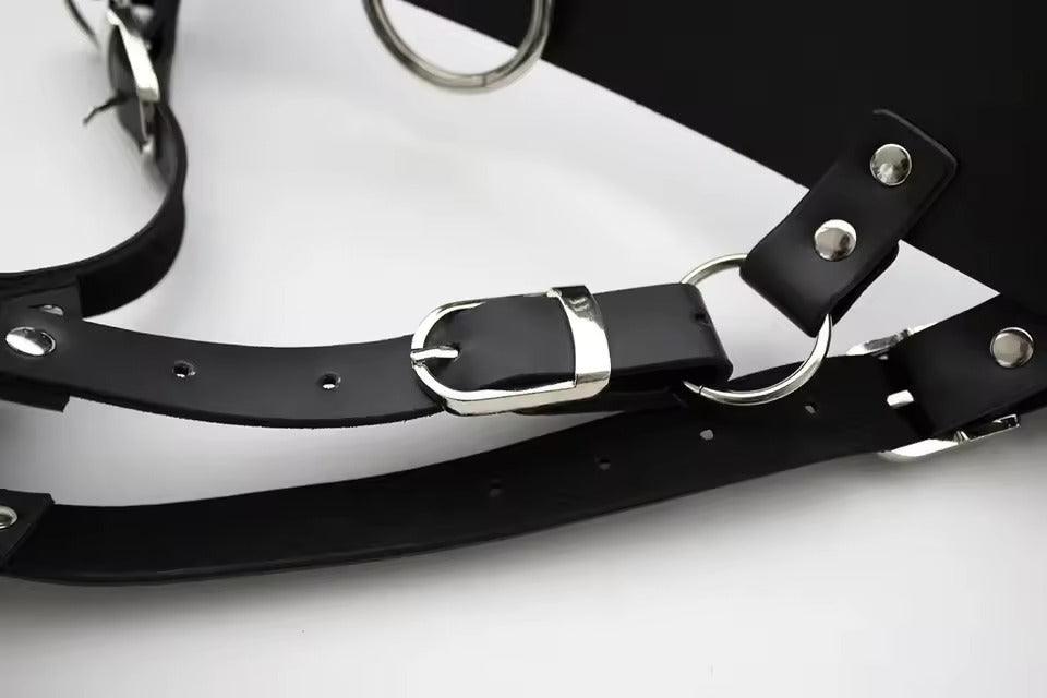BDSM Leather Orgasm Belt with Wand Massager Harness || SM Handcuffs || Couples Bondage Set || Adjustable || Forced Orgasm Bedroom Restraints