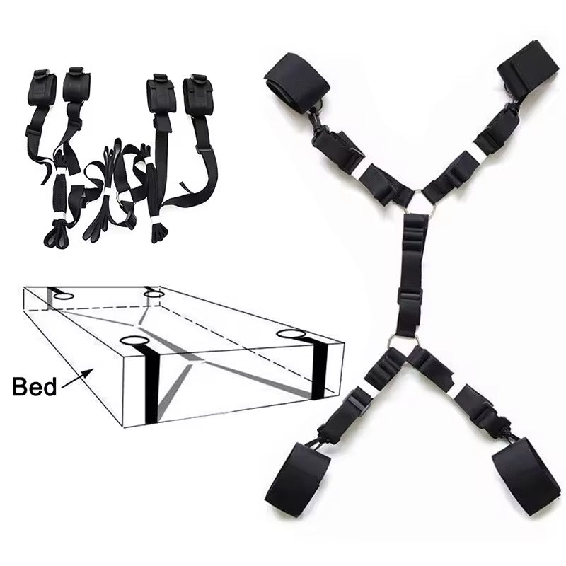 Handcrafted Bed Bondage Restraint Set || Couples' Handcuffs & Ankle Cuffs || Adjustable SM Spanking Paddle Included || Kinky BDSM LGBTQ Gay