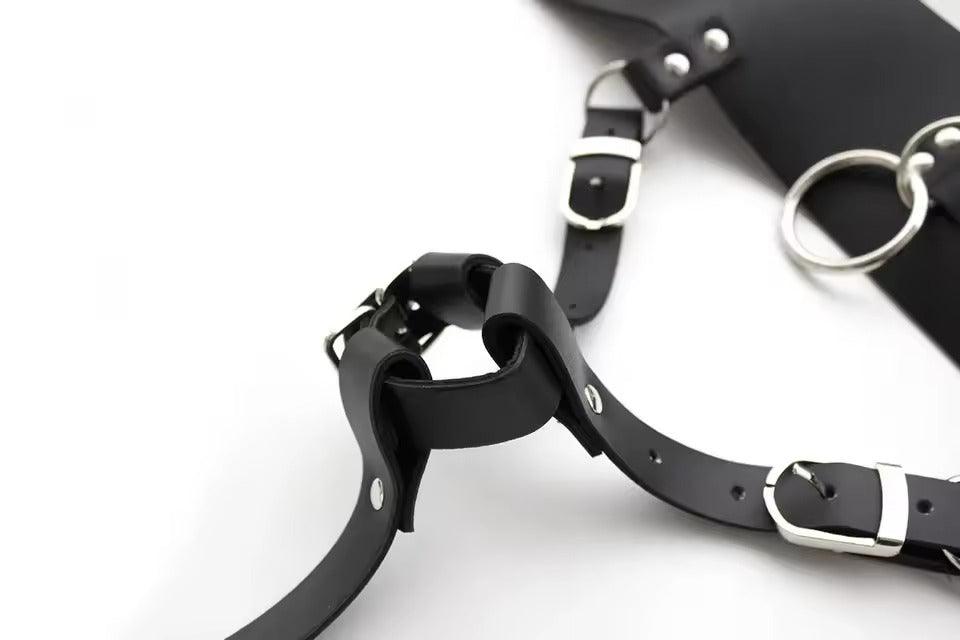 BDSM Leather Orgasm Belt with Wand Massager Harness || SM Handcuffs || Couples Bondage Set || Adjustable || Forced Orgasm Bedroom Restraints