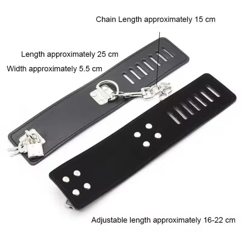 Handcrafted BDSM Restraint Set || Wrist & Ankle Cuffs with Collar || Adjustable Leather Choker || Couples' Bondage Play || BDSM LGBT Chains