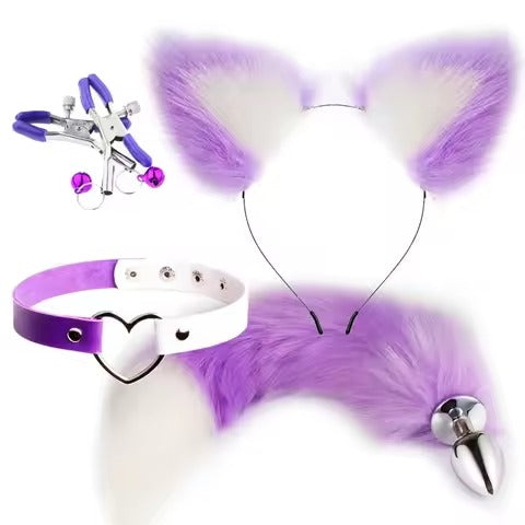 Handcrafted Cute Fox Tail Anal Plug & Cat Ears Set || Erotic Cosplay Sex Toys for Women || Nipple Clip n Neck Collar Included || Kinky Furry