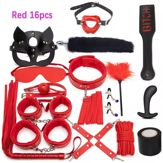 21PCS SM BDSM Bondage Beginners Toy Set || Couple's Bedroom Bed Restraint Kit || Vibrator, Anal Plug, and Couple Dice, Cuffs, Lube And More