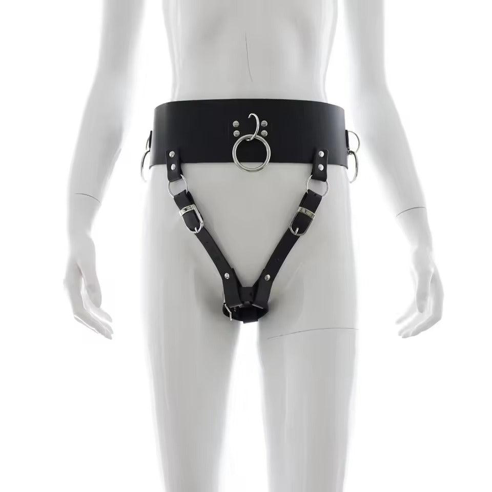 BDSM Leather Orgasm Belt with Wand Massager Harness || SM Handcuffs || Couples Bondage Set || Adjustable || Forced Orgasm Bedroom Restraints