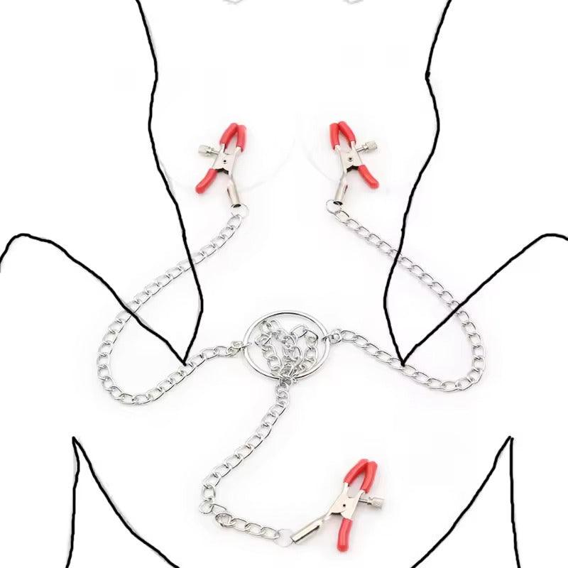 Metal Breast & Labia Clit Clips with Chain || BDSM Bondage Accessory || Black, Pink, Red || Adult Pleasure Enhancing Torture Tool Restraint