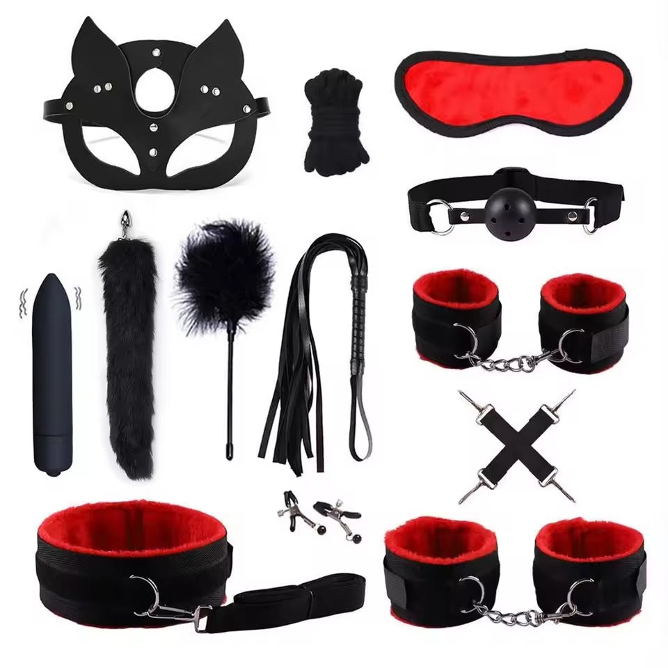 14pcs Leather Bundle SM Set || Handcuffs, Feet Cuffs, Eye Mask || Adult Sex Toy || Couple Game Accessories || Available in Red or Black