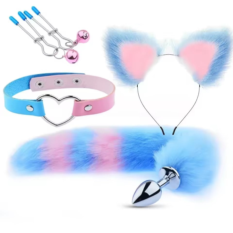 Handcrafted Cute Fox Tail Anal Plug & Cat Ears Set || Erotic Cosplay Sex Toys for Women || Nipple Clip n Neck Collar Included || Kinky Furry