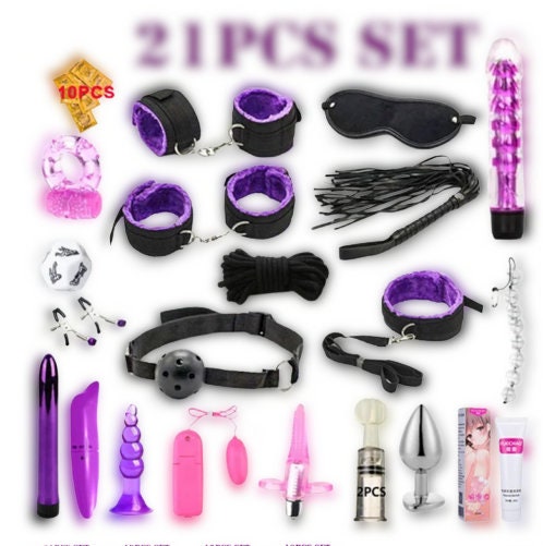 21PCS SM BDSM Bondage Beginners Toy Set || Couple's Bedroom Bed Restraint Kit || Vibrator, Anal Plug, and Couple Dice, Cuffs, Lube And More