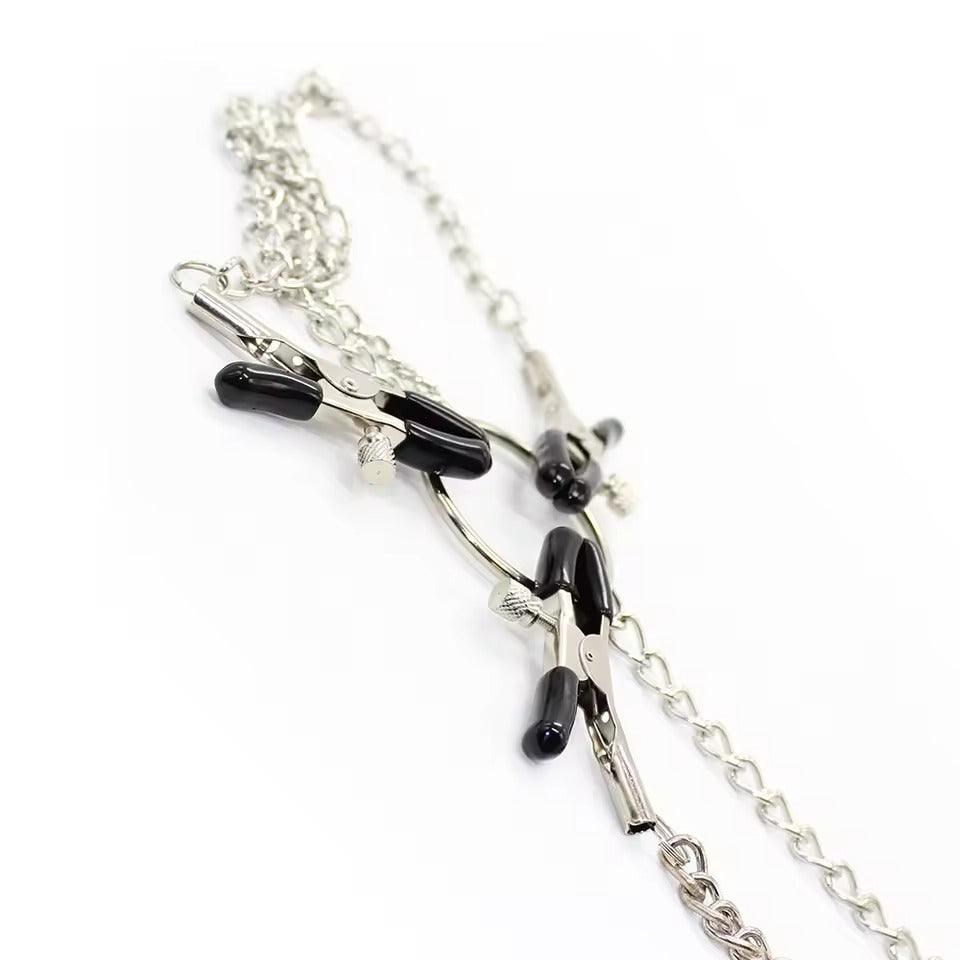 Metal Breast & Labia Clit Clips with Chain || BDSM Bondage Accessory || Black, Pink, Red || Adult Pleasure Enhancing Torture Tool Restraint