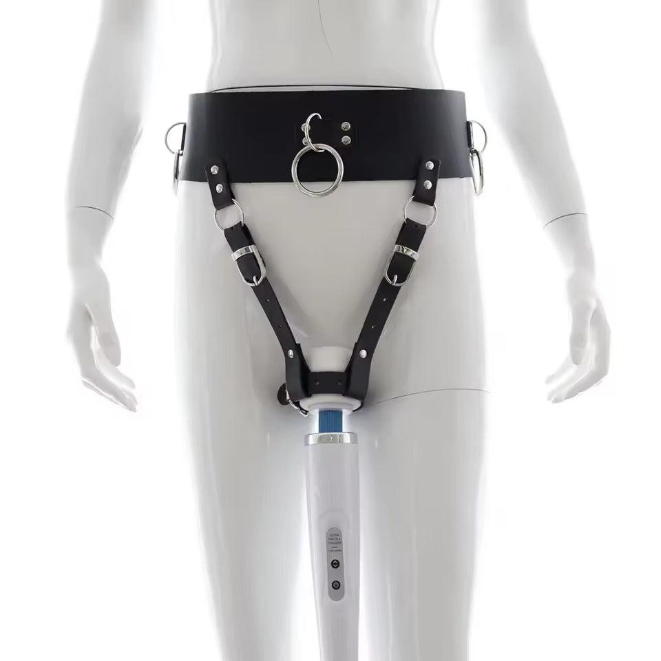 BDSM Leather Orgasm Belt with Wand Massager Harness || SM Handcuffs || Couples Bondage Set || Adjustable || Forced Orgasm Bedroom Restraints