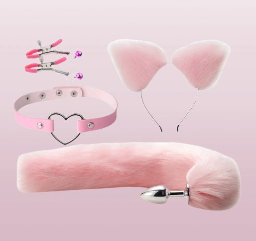 Handcrafted Cute Fox Tail Anal Plug & Cat Ears Set || Erotic Cosplay Sex Toys for Women || Nipple Clip n Neck Collar Included || Kinky Furry