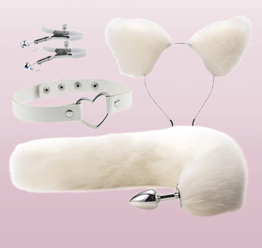 Handcrafted Cute Fox Tail Anal Plug & Cat Ears Set || Erotic Cosplay Sex Toys for Women || Nipple Clip n Neck Collar Included || Kinky Furry