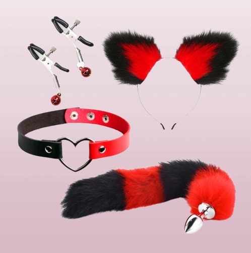 Handcrafted Cute Fox Tail Anal Plug & Cat Ears Set || Erotic Cosplay Sex Toys for Women || Nipple Clip n Neck Collar Included || Kinky Furry