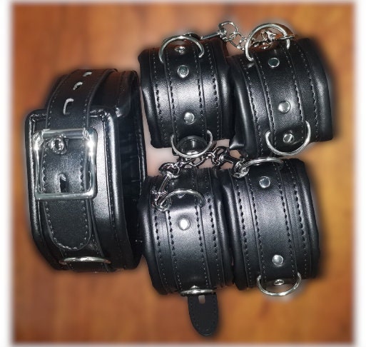 Handcrafted BDSM Restraint Set || Wrist & Ankle Cuffs with Collar || Adjustable Leather Choker || Couples' Bondage Play || BDSM LGBT Chains