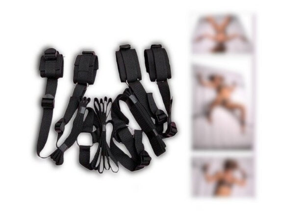 Handcrafted Bed Bondage Restraint Set || Couples' Handcuffs & Ankle Cuffs || Adjustable SM Spanking Paddle Included || Kinky BDSM LGBTQ Gay