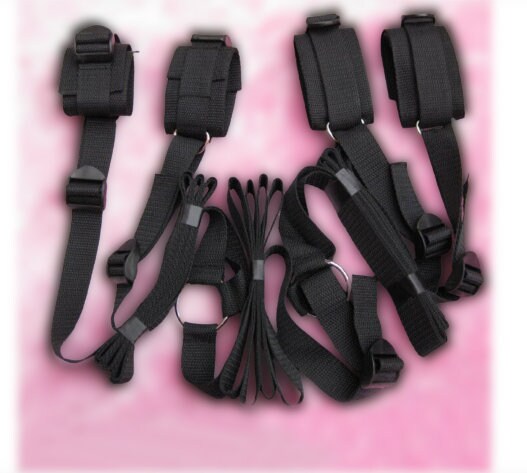 Handcrafted Bed Bondage Restraint Set || Couples' Handcuffs & Ankle Cuffs || Adjustable SM Spanking Paddle Included || Kinky BDSM LGBTQ Gay