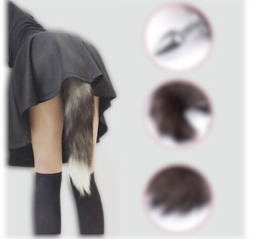 Furry Faux Fox Tail Plug || Cat Dog Puppy Play || Bedroom Bed Restraint || Stainless Steel for Roleplay || Available in Black/Brown/Grey