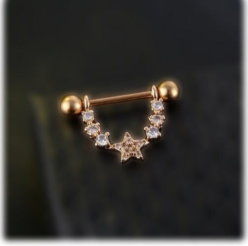 Star Nipple Piercing Barbell || Stainless Steel Crystal Nipple Ring || Sexy Body Jewelry | Gold/Silver Chest Decor | Lesbian Party Accessory