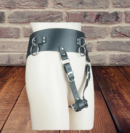 BDSM Leather Orgasm Belt with Wand Massager Harness || SM Handcuffs || Couples Bondage Set || Adjustable || Forced Orgasm Bedroom Restraints