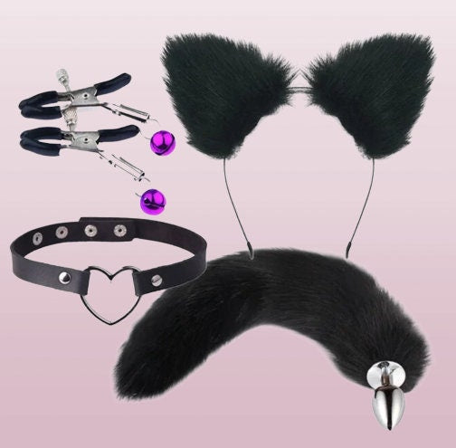 Handcrafted Cute Fox Tail Anal Plug & Cat Ears Set || Erotic Cosplay Sex Toys for Women || Nipple Clip n Neck Collar Included || Kinky Furry