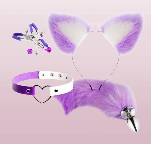 Handcrafted Cute Fox Tail Anal Plug & Cat Ears Set || Erotic Cosplay Sex Toys for Women || Nipple Clip n Neck Collar Included || Kinky Furry