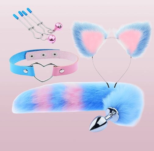 Handcrafted Cute Fox Tail Anal Plug & Cat Ears Set || Erotic Cosplay Sex Toys for Women || Nipple Clip n Neck Collar Included || Kinky Furry