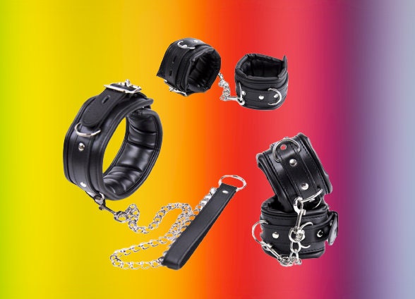 Handcrafted BDSM Restraint Set || Wrist & Ankle Cuffs with Collar || Adjustable Leather Choker || Couples' Bondage Play || BDSM LGBT Chains