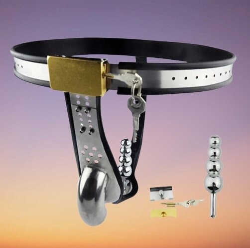 Male Stainless Steel Chastity Belt || Cock Cage & Anal Beads Butt Plug || Penis Sleeve Lock || Bondage Erotic Sex Toy for Gay LGBT Public