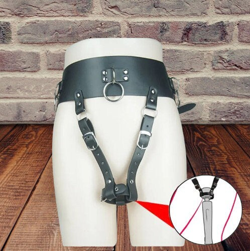 BDSM Leather Orgasm Belt with Wand Massager Harness || SM Handcuffs || Couples Bondage Set || Adjustable || Forced Orgasm Bedroom Restraints